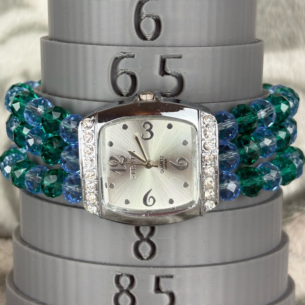 Strada Japanese Quartz Watch | Silver Tone Crystal Bezel Beaded Stretch Bracelet